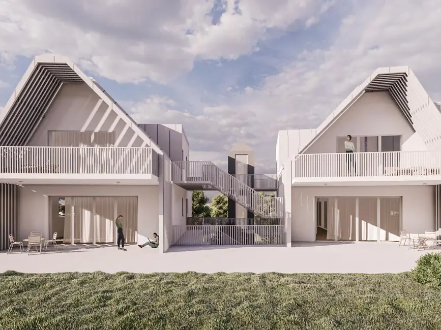 Visualisierung des Hofhauses: zwei Giebelhäuser mit Balkonen, Gartenseite