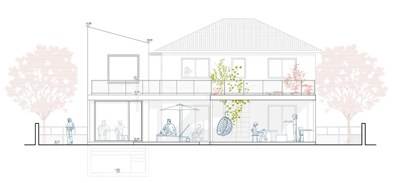 Gartenansicht von Mi53 mit Terrasse und Balkon