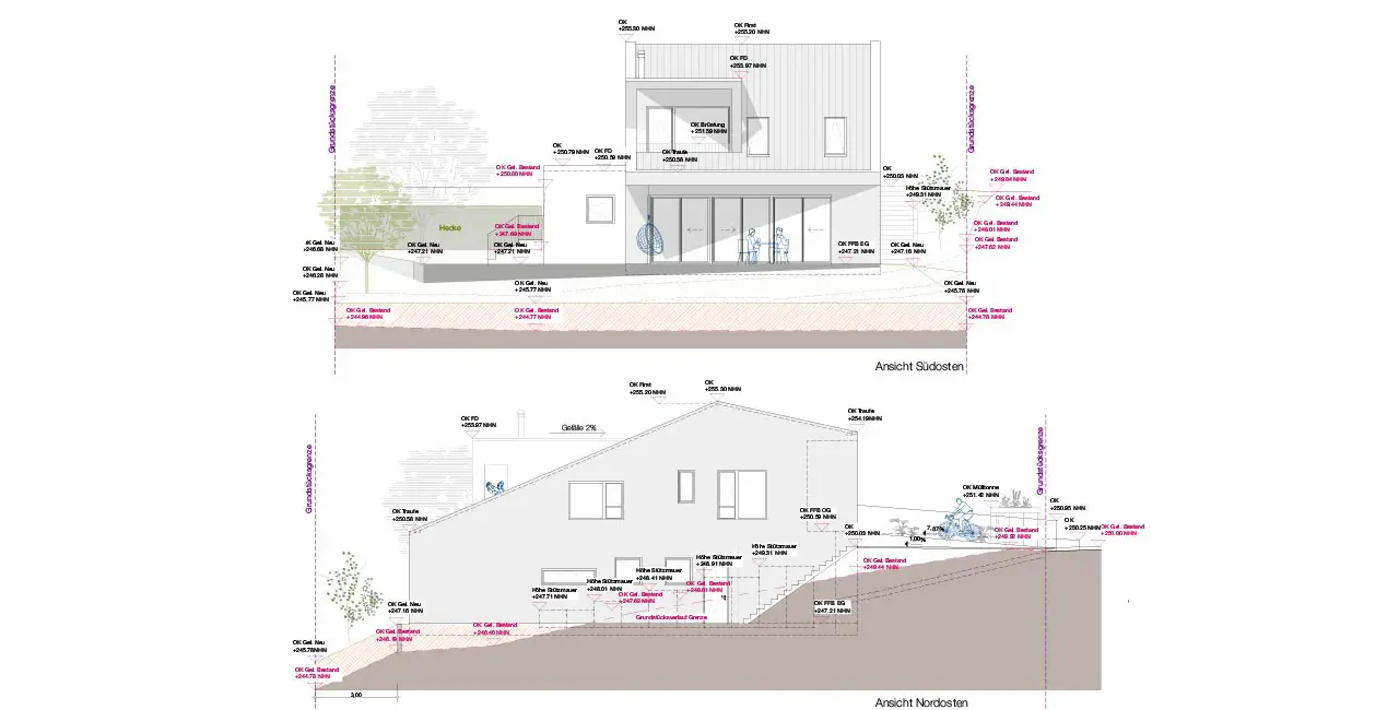 Ansichten von Mi79 mit angeschrägter, großflächig verglaster Fassade