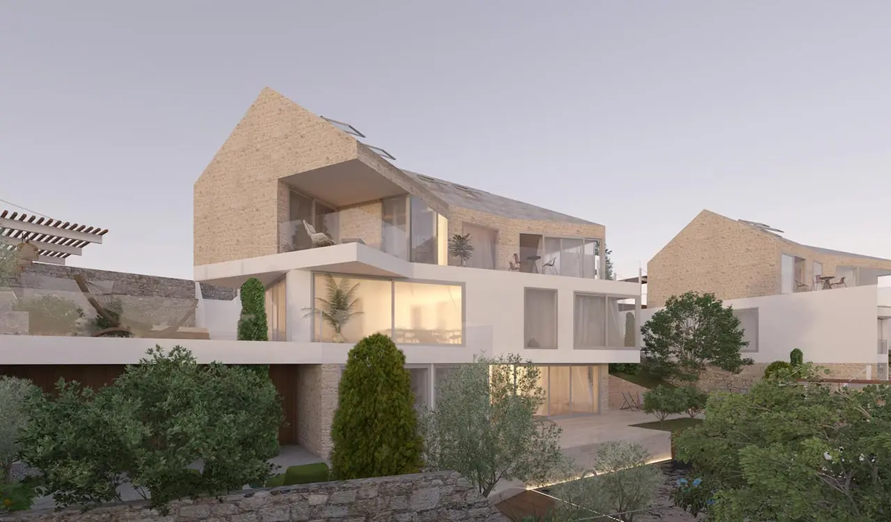 Visualisierung: gestaffelte Villa mit großen Glasflächen im Abendlicht