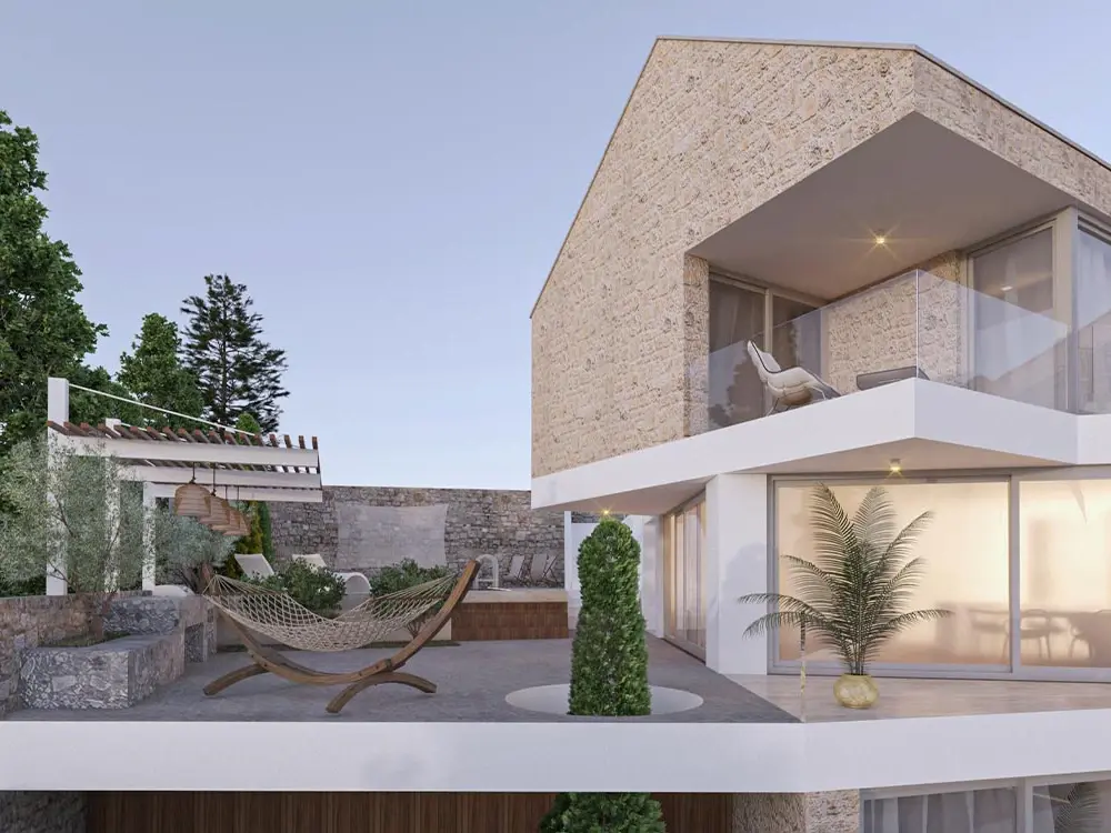 Visualisierung: Villa mit Natursteinfassade, Pool und Terrassen über dem Meer